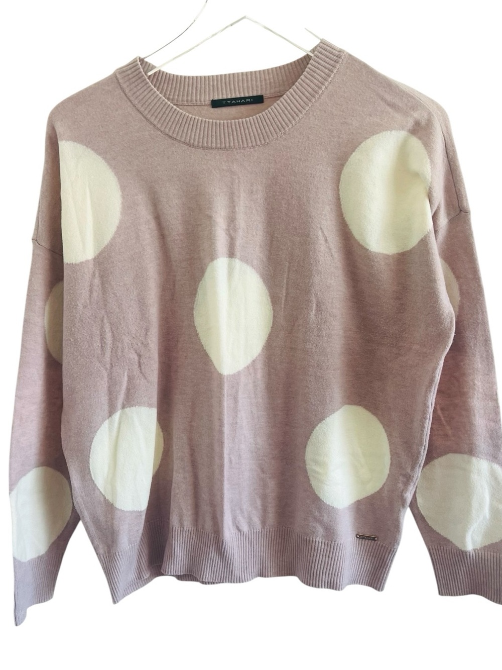 T Tahari Dusty Pink Crewneck Sweater with Cream Polka Dots